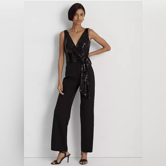 Lauren Ralph Lauren Black Sequin Bodice Sleeveless Wide Leg Jumpsuit Size 2 - Picture 1 of 9